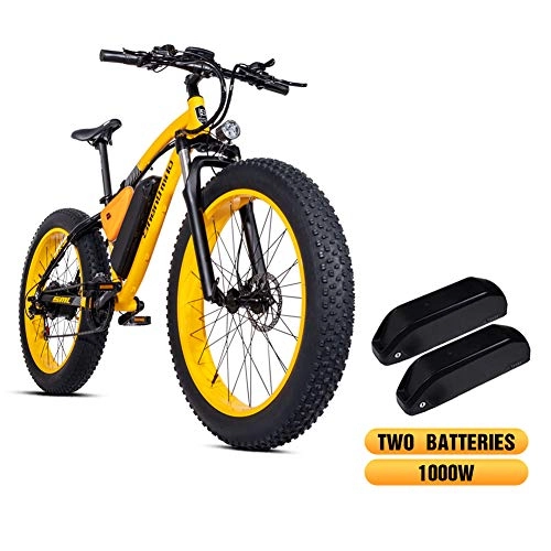 Electric Mountain Bike : Shengmilo 1000W Motor 26 Inch Mountain E- Bike, Electric Bicycle, SHIMANA & XOD, 4 inch Fat Tire, Inlcude 2 Batteries (YELLOW)