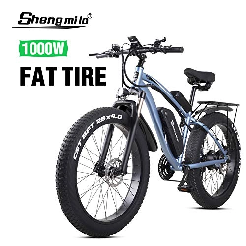 Electric Mountain Bike : Shengmilo 26 Inch Fat Tire Electric Bike 48V 1000W Motor Snow Electric Bicycle with Shimano 21 Speed Mountain Electric Bicycle Pedal Assist Lithium Battery Hydraulic Disc Brake(MX02S) (Blue)