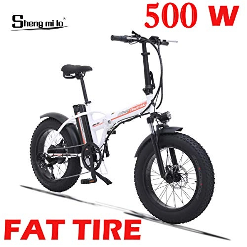 Electric Mountain Bike : Shengmilo 500W Electric Foldable Bicycle Mountain Snow E-bike Road Cycling, 4 inch Fat Tire, SHIMANO 7 Variable Speed (White)