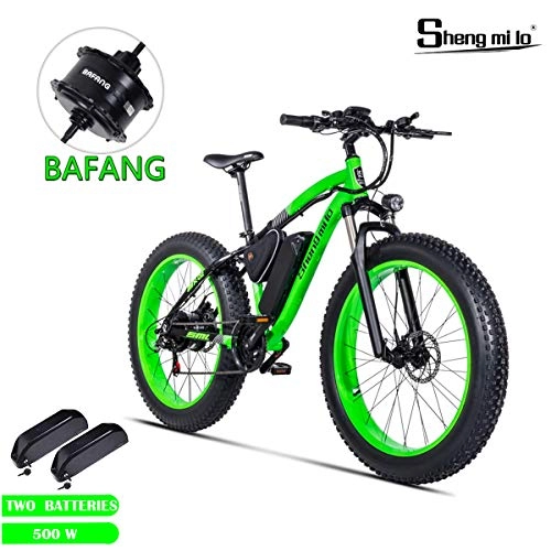 Electric Mountain Bike : Shengmilo Bafang Motor Electric Bicycle, 26 Inch Mountain E- Bike, 4 inch Fat Tire, Two Batteries Included (Green)