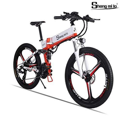 Electric Mountain Bike : Shengmilo Electric Foldable Bike, One-Wheel Bicycle, SHIMANO 21 Speed, 26 Inch Integrated Wheel Mountain Road E- Bike, 1 PCS 13AH Lithium Battery Included (WHITE)