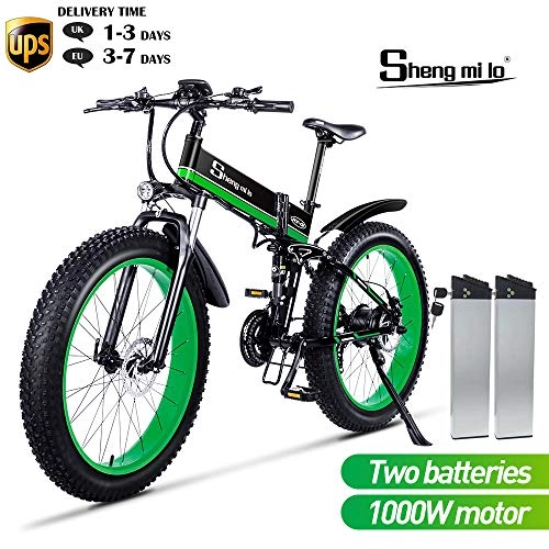Electric Mountain Bike : Shengmilo Electric Folding Bike, 26 Inch Mountain Snow E- Bike, 2 PCS 48V / 13Ah Lithium Battery Included(GREEN)