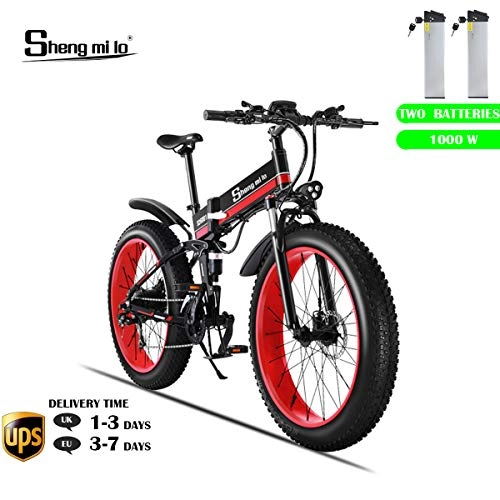 Electric Mountain Bike : Shengmilo Electric Folding Bike, 26 Inch Mountain Snow E- Bike, 2PCS 48V / 13Ah Lithium Battery Included(Red)