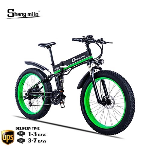 Electric Mountain Bike : Shengmilo Electric Folding Bike, 26 Inch Mountain Snow E- Bike, 48V / 13Ah Lithium Battery Included(Green)