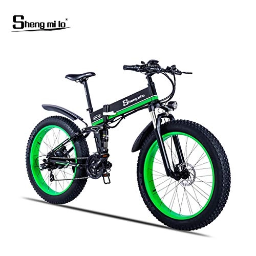 Electric Mountain Bike : Shengmilo Electric Folding Bike, 26 Inch Mountain Snow E- Bike, 48V / 13Ah Lithium Battery Included (Green)