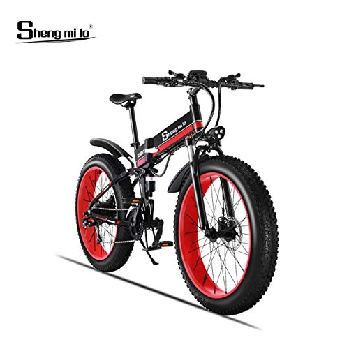 Electric Mountain Bike : Shengmilo Electric Folding Bike, 26 Inch Mountain Snow E- Bike, 48V / 13Ah Lithium Battery Included (Red)