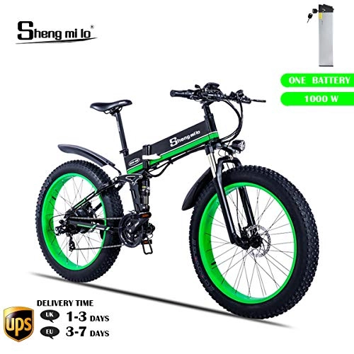 Electric Mountain Bike : Shengmilo Electric Folding Bike, 26 Inch Mountain Snow E- Bike, SHIMANO 21 Speed, XOD Brake, 1 PCS 48V / 13Ah Lithium Battery Included (MX01) (GREEN)