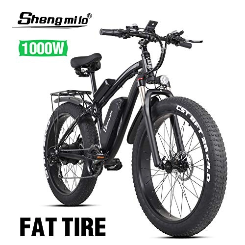 Electric Mountain Bike : Shengmilo Electric Mountain Bike 26 Inch Fat Tire 48V 1000W Motor Snow Electric Bicycle Shimano 21 Speed Electric Bicycle Pedal Assist, Lithium Battery Hydraulic Disc Brake(MX02S) (Black)
