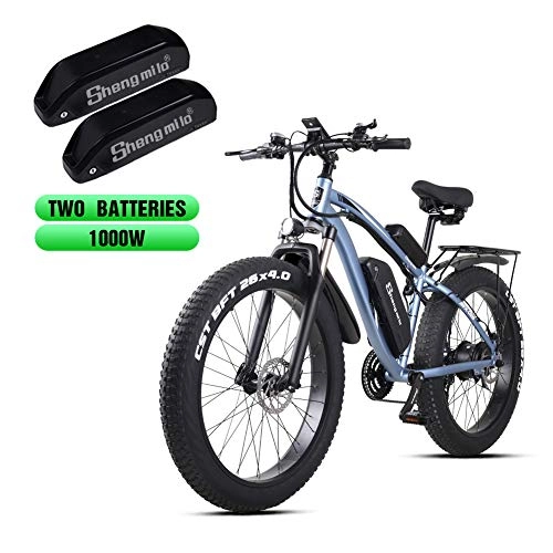 Electric Mountain Bike : Shengmilo Electric Mountain Bike 26 Inch Fat Tire 48V 1000W Motor Snow Electric Bicycle Shimano 21 Speed Electric Bicycle Pedal Assist, Lithium Battery Hydraulic Disc Brake(MX02S) (Blue(2 betteries))
