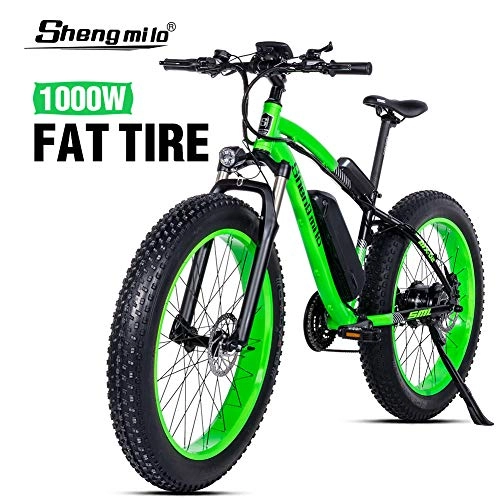 Electric Mountain Bike : Shengmilo MX02 26 Inch Fat Tire Electric Bicycle, 48V 1000W Motor Snow Electric Bicycle, Shimano 21 Speed Mountain Electric Bicycle Pedal Assist, Lithium Battery Hydraulic Disc Brake (Green)