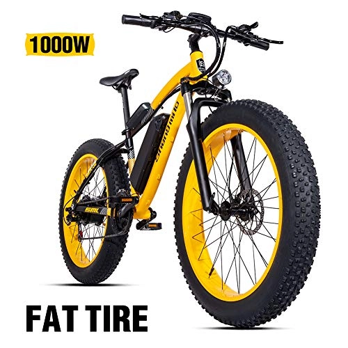 Electric Mountain Bike : Shengmilo MX02 26 Inch Fat Tire Electric Bicycle, 48V 1000W Motor Snow Electric Bicycle, Shimano 21 Speed Mountain Electric Bicycle Pedal Assist, Lithium Battery Hydraulic Disc Brake (Yellow)