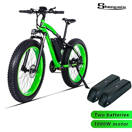 Electric Mountain Bike : Shengmilo-MX02 26inch Fat Tire Electric Bike 1000W / 500W Beach Cruiser Mens Women Mountain e-Bike Pedal Assist 48V 17AH Battery (Green(two battery), BAFANG 500W Motor)