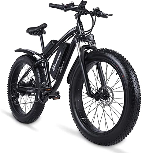 Electric Mountain Bike : Shengmilo MX02S Electric Powerful Bicycle 26”Fat Tire Bike 1000W 48V / 17AH Battery eBike Moped Snow Beach Mountain Ebike Throttle & Pedal Assist (Black, No+ Spare battery)