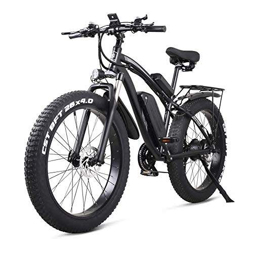 Electric Mountain Bike : Smisoeq Electric mountain bike, three loop modes, full suspension fork, bike tire 26 * 4.0, 1000w 48V electric mountain bike with a rear seat (Color : Black)