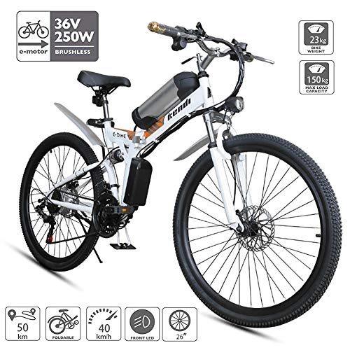 Electric Mountain Bike : Unisex Dual Suspension Electric Mountain Bike, 26 inch E-bike High-carbon Steel Pedal Assisted Hybrid Folding Bike with 36V Removable Lithium Battery, Shimano 21 Speed Gear for Commuter City, White