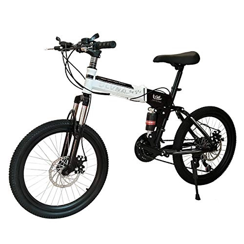 Electric Mountain Bike : W&TT Boys Girls 20 Inches Folding Mountain Bike SHIMANO 21 / 24 / 27 Speed Dual Disc Brake and Shock Absorber Front Fork Bicycle, Black2, 21S