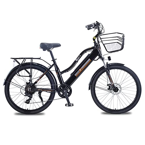 Electric Mountain Bike : Women Mountain Electric Bike with Basket 36V 350W 26 Inch Electric Bicycle Aluminum Alloy Electric Bike (Color : Black, Number of speeds : 7)