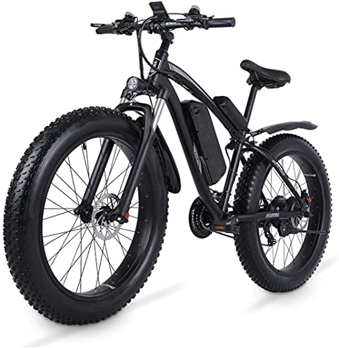 Electric Mountain Bike : WQFJHKJDS Electric Mountain Bike 26 Inch 1000w With Fat Tyre, 48V 17Ah Removable Battery, 3.5" LCD Display, 21-Speed Gear (Color : Black)