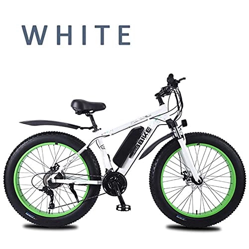 Electric Mountain Bike : WXDP Self-propelled Adult Snow Electric Bike, lockable shock absorption of the front fork 26 inch 4.0 fat tires Mountain E-Bike 27-speed double disc brakes 36 V removable battery, white, 10AH