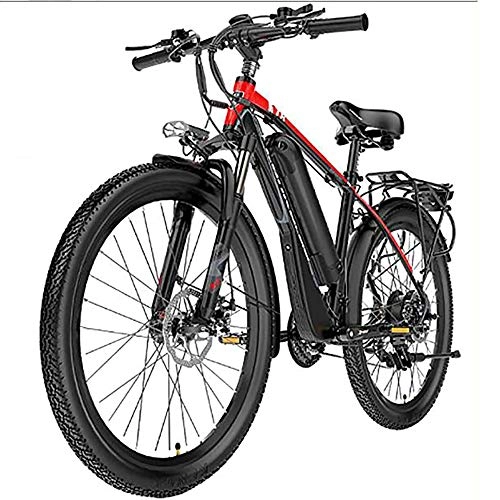 Electric Mountain Bike : WXX Electric Mountain Bike with Rear Seat, 26" 21-Speed Waterproof Electric Bike, 400W with Removable 48V 13AH Lithium-Ion Battery Bicycle Ebike, black red, 48V 10.4AH