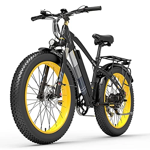 Electric Mountain Bike : XC4000 1000W 48V Electric Bike, 26 Inch Snow Bike Fat Tire Bicycle, Front & Rear Hydraulic Disc Brake (Black Yellow, 15Ah + 1 Spare Battery)