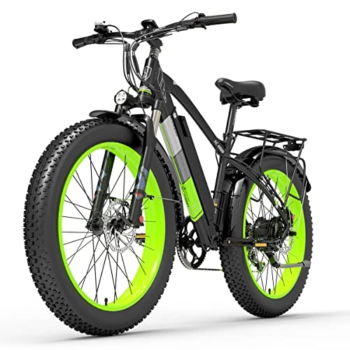 Electric Mountain Bike : XC4000 26 Inch Electric Bike, Snow Bike With 4.0 Fat Tire, Mountain Bike for Men, Front & Rear Hydraulic Disc Brake (Green, 15Ah + 1 Spare Battery)