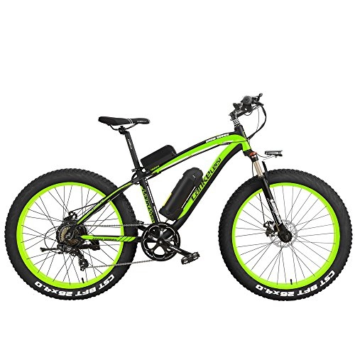 Electric Mountain Bike : XF4000 26 inch Electric Mountain Bike Mens Cruiser Cycling Roadbike 4.0 Fat Tire Snow Bkie 500W Strong Power 48V Lithium-Ion Battery 7 Speed Suspension Fork (Black Green, 500W + 1 Spared Battery)