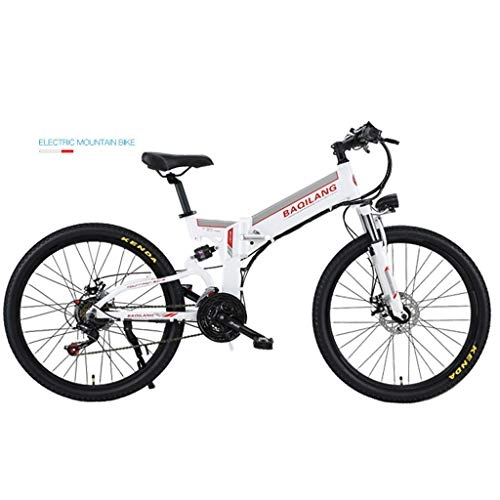 Electric Mountain Bike : Xiaotian Foldable Electric Mountain Bike, Bicycle with Lithium Battery, Off-Road Bicycle, 26 Inch 21 Speed, White Spoke Two Wheel, White