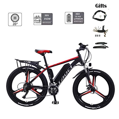 Electric Mountain Bike : YMhome 26''Electric Mountain Bike with Removable Large Capacity Lithium-Ion Battery (36V 350W 10AH), Electric Bike 21 Speed Gear And Three Working Modes, Black Red