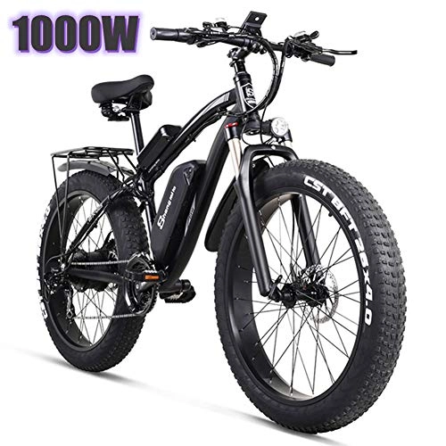Electric Mountain Bike : YMWD 1000W Electric Mountain Bike 26'' Fat Tire Folding E Bike 48V 17AH Removable Lithium Battery Professional 21 Speed Gears Electric Bicycle for Adults, Black, One batteries