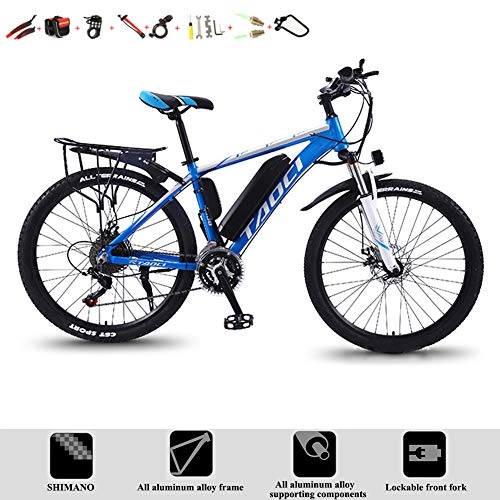 Electric Mountain Bike : YXYBABA Electric Mountain Bike 26" Wheel Electric Bike City Commute Bike 36V 350W 8AH Removable Lithium-Ion Battery E-Bike Double Disc Brakes LED Light, Blue