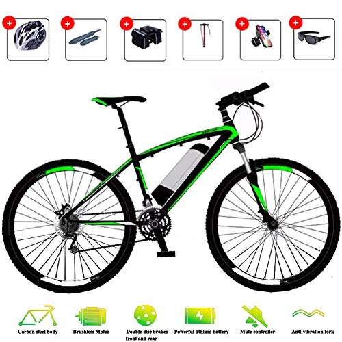 Electric Mountain Bike : YXYBABA Electric Mountain Bike for Adult 26 Inch Wheels, 36V High-Efficiency Lithium Battery-Range of Mileage 50-70Km-High Carbon Steel Electric Bicycle, Disc Brake, Mountain Ebike for Mens, Green