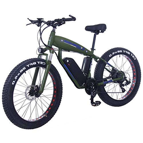 Electric Mountain Bike : ZJGZDCP Fat Tire Electric Bicycle 48V 10Ah Lithium Battery with Shock Absorption System 26inch 21speed Adult Snow Mountain E-bikes Disc Brakes (Color : 10Ah, Size : Dark green)