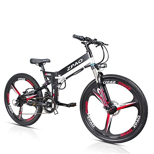 Electric Mountain Bike : ZPAO KB26 21 Speed Folding Electric Bicycle, 48V 10.4Ah Lithium Battery, 350W 26 Inch Mountain Bike, 5 Level Pedal Assist, Suspension Fork (Black, Plus 1 Spare Battery)