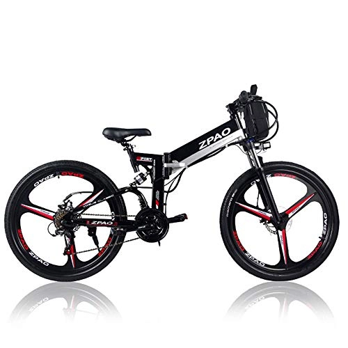 Electric Mountain Bike : ZPAO KB26 26 Inch Folding Electric Bicycle, 48V 10.4Ah Lithium Battery, 350W Mountain Bike, 5 Grade Pedal Assist, Suspension Fork (Black Dual Battery)