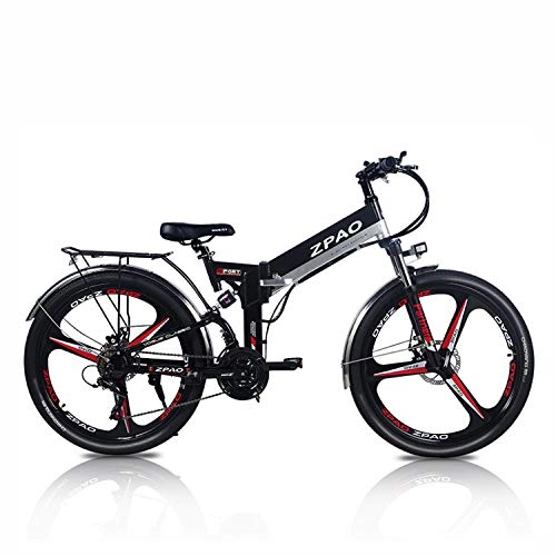 Electric Mountain Bike : ZPAO KB26 26 Inch Folding Electric Bicycle, 48V 10.4Ah Lithium Battery, 350W Mountain Bike, 5 Grade Pedal Assist, Suspension Fork (Black Integrated Wheel)