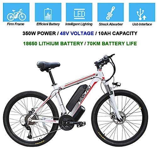 Electric Mountain Bike : ZXL Electric Bicycles for Adults, 360W Aluminum Alloy Bicycle Removable 48V / 10Ah Lithium-Ion Battery Mountain Bike / Commute Ebike, White Red, White Red