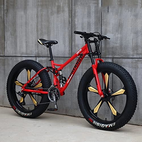Fat Tyre Mountain Bike : 24 Inch Adult Mountain Bikes, 4.0 Fat Tire Mountain Bike, 7 / 21 / 24 / 27 / 30 Speed Bicycle, Dual Suspension Frame and Suspension Fork All Terrain Mountain Bike red-30 speed