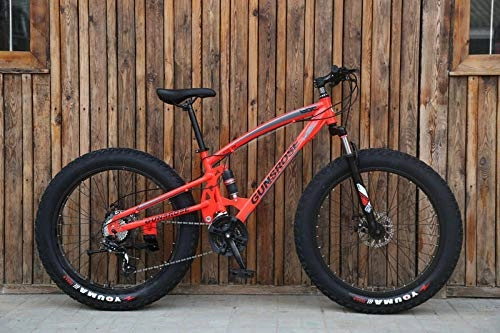 Fat Tyre Mountain Bike : 24 inch fat tires bike adult snow beaches mountain bikes 7 / 21 / 24 / 27 speed outdoor sport disc brake carbon steel student bicycle-Red_24inch_24speed