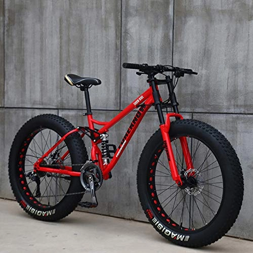 Fat Tyre Mountain Bike : 24-Inch Mountain Bike, 24-Speed Carbon Steel Frame Mountain Bike, Suspension Fork Mountain Bike, with Double Disc Brakes, for Men And Women, red