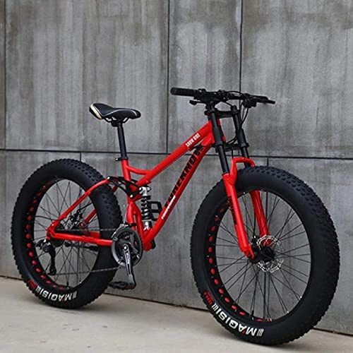 Fat Tyre Mountain Bike : 24" Mountain Bikes, 7 / 21 / 24 / 27 / 30 Speed Bicycle for Women, Child Super Wide 4.0 Big Tire Mountain Trail Bike, High-Carbon Steel Frame Dual Full Suspension Dual Disc red-21 speed