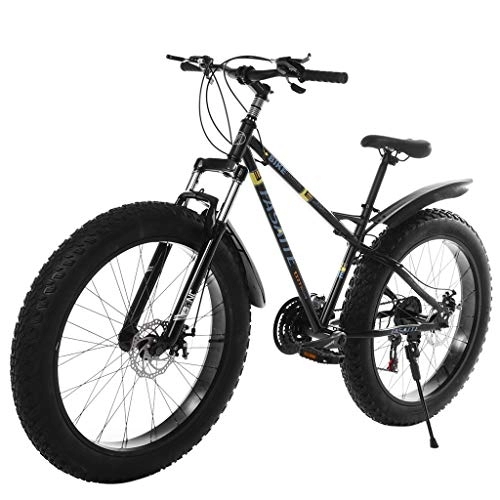 Fat Tyre Mountain Bike : 26-inch Fat Tire Mountain Bike 21-Speed Bicycle High-Tensile Steel Frame Mountain-style frame off-road bike Mountain Bike Front Derailleur 3 (Black, One Size)