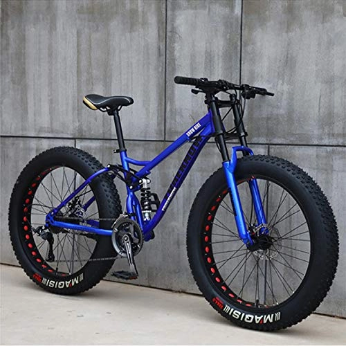 Fat Tyre Mountain Bike : 26-Inch Fat Tire Mountain Bike, High-Carbon Steel Frame, 24-Speed, Double Disc Brakes And Shock-Absorbing Forks for Men And Women, blue