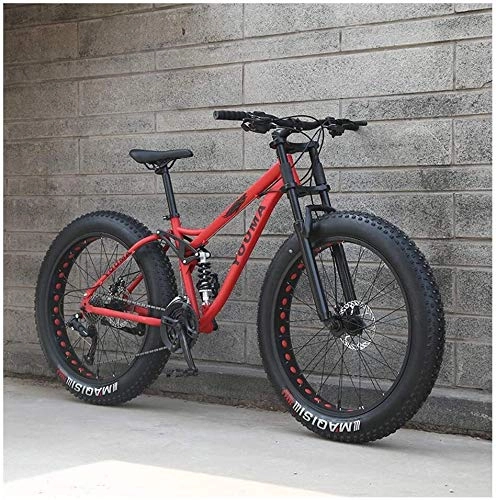 Fat Tyre Mountain Bike : 26 inch mountain bike MTB, adult youth Hardtail MTB, carbon steel frame, large tire full suspension Mountain bike (Color : Red, Size : 21speeds)