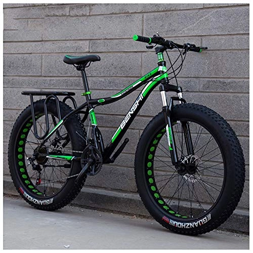 Fat Tyre Mountain Bike : 26 Inch Mountain Bikes, Adult Boys Girls Fat Tire Mountain Trail Bike, Dual Disc Brake Bicycle, High-carbon Steel Frame, Anti-Slip Bikes, 21 Speed, black green