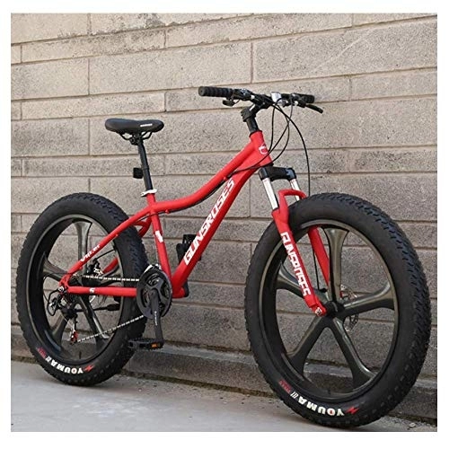 Fat Tyre Mountain Bike : 26 Inch Mountain Bikes, High-carbon Steel Hardtail Mountain Bike, Fat Tire All Terrain Mountain Bike, Women Men's Anti-Slip Bikes, Red, 27 Speed 5 Spoke