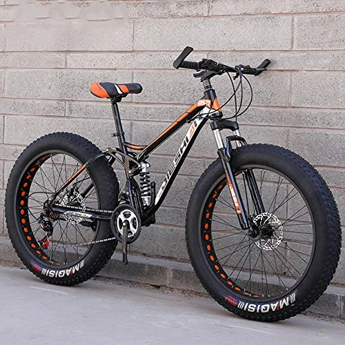 Fat Tyre Mountain Bike : 26 Inch Snow / Beach / Mountain Bikes Fat Tire Dual Disc Brake Big Wheels Bicycle High-Carbon Steel Frame All Terrain Anti-Slip Bicycle, Orange, 21 Speed