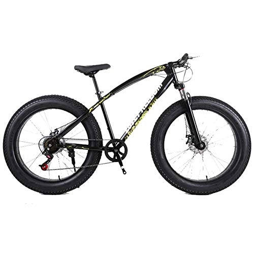 Fat Tyre Mountain Bike : 26" Mountain Bike for adults Fat Tire Bike High-carbon Steel Frame Double Disc Brake Suspension Fork Rear Suspension Anti-Slip for city beach or the snow, Black, 7 speed
