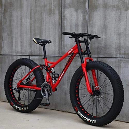 Fat Tyre Mountain Bike : 26" Mountain Bikes, 24 Speed Bicycle, Adult Fat Tire Mountain Trail Bike, High-carbon Steel Frame Dual Full Suspension Dual Disc Brake red
