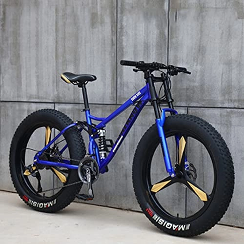 Fat Tyre Mountain Bike : 26'' Mountain Bikes, 27 Speed Adult Fat Tire Beach Snow Bicycle, Lightweight High-Carbon Steel Frame, Student Outdoor Camping Double Shock-Absorbing All Terrain Sand blue-27 speed